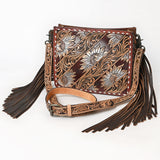 ADBG323 Hand-Tooled Leather Crossbody Bag with Floral Daisies & Fringe Strap | American Darling