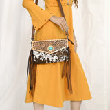 ADBG1484 Tooled Leather Cowhide Fringe Crossbody Bag with Turquoise Accent