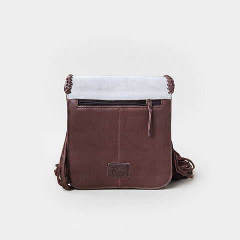 Official PRCA & NFR Licensed Collection-Western Cowhide White & Brown Fringe Leather Shoulder Bag
