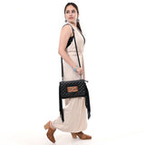 ADBG1665 Black Quilted Wallet Bag with Tooled Leather Patch & Fringe