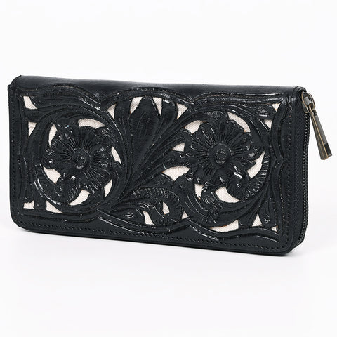 ADBGZ810A Black Hand-Tooled Leather Wallet - Western Floral Zip Wallet with Cream Contrast