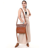 ADBG1584 Suede & Tooled Leather Western Fringe Bag - Embroidered Crossbody with Cutout Handle
