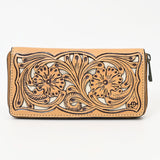 ADBGZ810 Hand-Tooled Leather Wallet - Western Floral Zip Wallet with Inlay