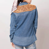 LC-ADSH025 Genuine Leather Hand Tooled Women 100% Cotton Denim Shirt Jacket Dress