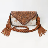 ADBG1582 Cowhide & Tooled Leather Envelope Clutch - Western Crossbody with Braided Strap & Fringe