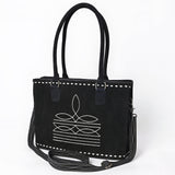 ADBG1629 Black Suede Western Tote Bag with White Stitch Embroidery & Shoulder Strap
