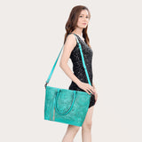 ADBG1246 Hand-Tooled Metallic Silver Leather Tote Bag - Western Floral Design with Dual Handles