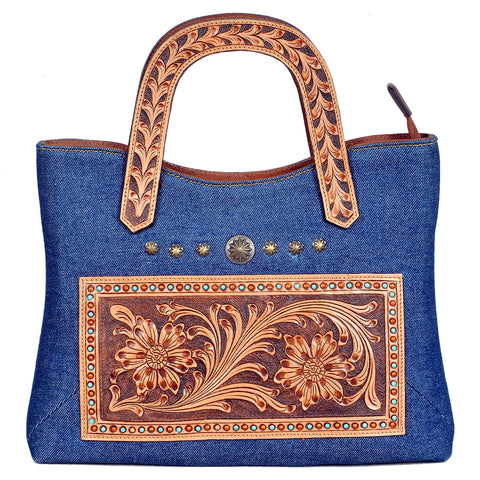 ADBGA988 American Darling Denim, Harness & Floral Tooled Leather Tote Handbag
