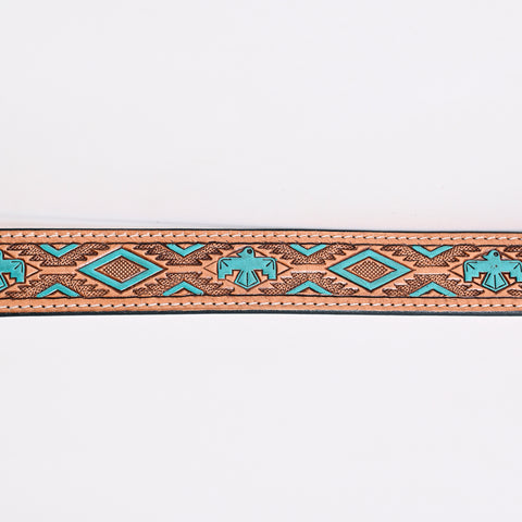 ADBLF173 Western Handtooled Leather Belt - Turquoise Thunderbird & Tribal Geometric Design