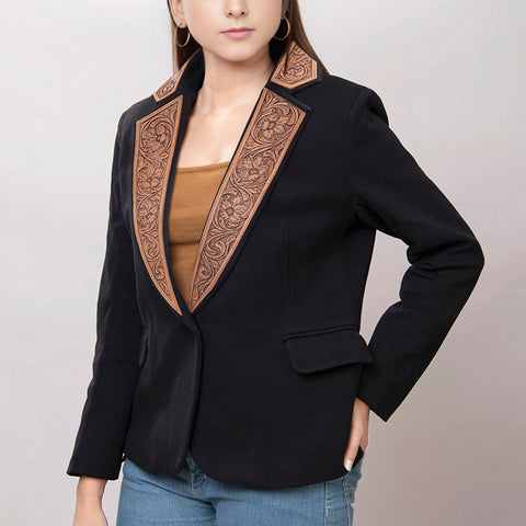 ADBZ012 American Darling Hand-Tooled Leather Western Blazer - Black Floral Accent