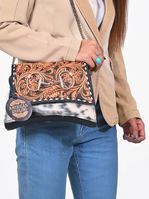 ADBGA1207 American Darling Western Hair On Hide Hand Tooled Leather Crossbody Purse