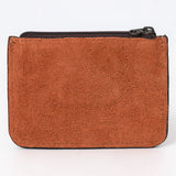 ADBG1655 Tan Suede Card Holder with White Embroidery & Zip Closure