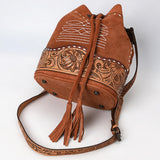 ADBG1656 Tan Suede Bucket Bag with Tooled Leather, White Embroidery & Drawstring Closure