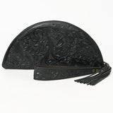 LC-ADBG1233E Black Hand-Tooled Leather Clutch - Semi-Circle Design with Wrist Strap