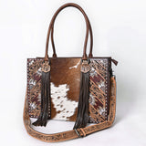 ADBG1718 Tooled Leather & Cowhide Western Tote Bag with Fringe and Floral Embroidery