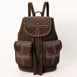 ADBG1640 Brown Suede Embroidered Backpack with Dual Front Pockets and Tassel Drawstring