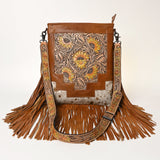 ADBG256 Tooled Leather & Cowhide Fringe Messenger Bag Western Boho Crossbody by American Darling