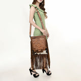 ADBG256 Tooled Leather & Cowhide Fringe Messenger Bag Western Boho Crossbody by American Darling