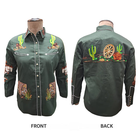 ADSH062 American Darling Olive Green Western Apparel - Embroidered Cotton Twill Rodeo Top