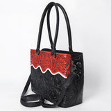 ADBG1598 Handtooled Black & Red Leather Tote with Floral Carving and Shoulder Strap