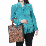 ADBGA642 Hand-Tooled Leather Tall Tote Bag with Floral Carving & Rolled Handles