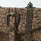 ADBG1535 Western Hand-Tooled Leather Crossbody Bag with Buckle Strap & Chain - Floral Tooled Design