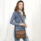 ADBGZ752 Natural Hand Tooled Leather Wallet Bag - Western Floral Whipstitch Purse
