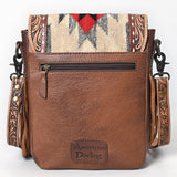 ADBG1786 Southwestern Tooled Leather & Cowhide Crossbody Bag with Fringe and Wool Flap