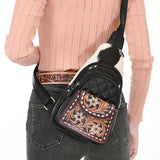 ADBGA657 Western Cowhide & Hand-Tooled Leather Sling Backpack-Black Quilted with Floral Accents