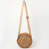 ADBG1461 Round Natural Hand-Tooled Leather Canteen Bag - Floral Whipstitch Western Style