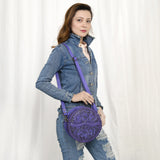 ADBG1461 Round Natural Hand-Tooled Leather Canteen Bag - Floral Whipstitch Western Style