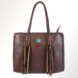 ADBGM348 Leather Tote Bag with Turquoise Concho & Fringe - Handmade Western Braided Strap Purse