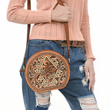 ADBGA538 American Darling Hand Tooled Genuine Leather Canteen Bag with Turquoise Studs Western Crossbody