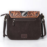 ADBGA660 Western Cowhide & Tooled Leather Suede Crossbody Bag with Floral Accents-Dark Brown