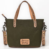 ADBG1702 Small Olive Canvas Crossbody with Tooled Leather Straps - Western Handbag