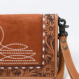 ADBG1653 Tan Suede & Tooled Leather Crossbody Bag with White Embroidery and Floral Border