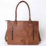 ADBG1718 Tooled Leather & Cowhide Western Tote Bag with Fringe and Floral Embroidery