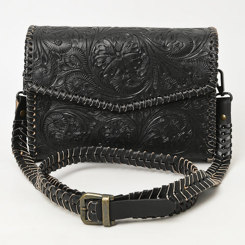ADBGZ752B Black Hand Tooled Leather Crossbody Bag - Western Floral Whipstitch Purse