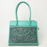 ADBGZ782 Structured Turquoise Leather Tote Handbag - Hand-Tooled Floral Western Panel