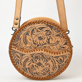 ADBG1461 Round Natural Hand-Tooled Leather Canteen Bag - Floral Whipstitch Western Style