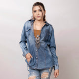 LC-ADSH022 Genuine leather Women Denim shirt jacket dress