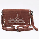 ADBG1717 Suede Leather Wallet Bag with White Western Stitch Embroidery