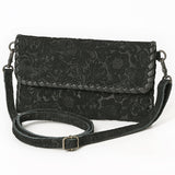 ADBG1645 Black Floral Embossed Leather Clutch Crossbody Bag with Whipstitch Trim