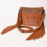 ADBG1651 Tan Suede Fringe Crossbody Bag with Tooled Leather Yoke & White Embroidery