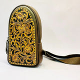 ADBGA594 Floral Hand-Tooled Leather Sling Bag-Genuine Cowhide Western Crossbody