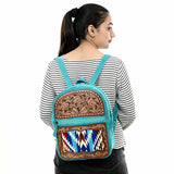 ADBGA581 Hand-Tooled Leather & Wool Backpack Genuine Western Turquoise Bag for Women