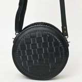 ADBG1461A Round Black Hand-Tooled Leather Crossbody Bag - Western Floral Pattern
