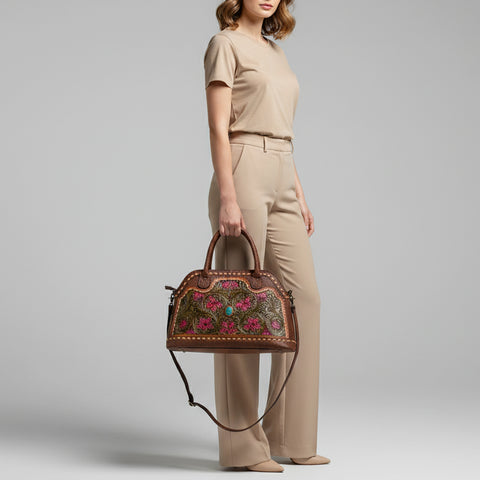 ADBGZ478 Tooled Leather Western Tote Bag - Floral Carving with Turquoise Accent & Dual Handles