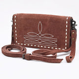 ADBG1717 Suede Leather Wallet Bag with White Western Stitch Embroidery
