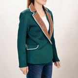 LC-ADBZ704 Emerald Green Western Blazer with Tan Tooled Leather Lapel - Cowgirl Boutique Jacket